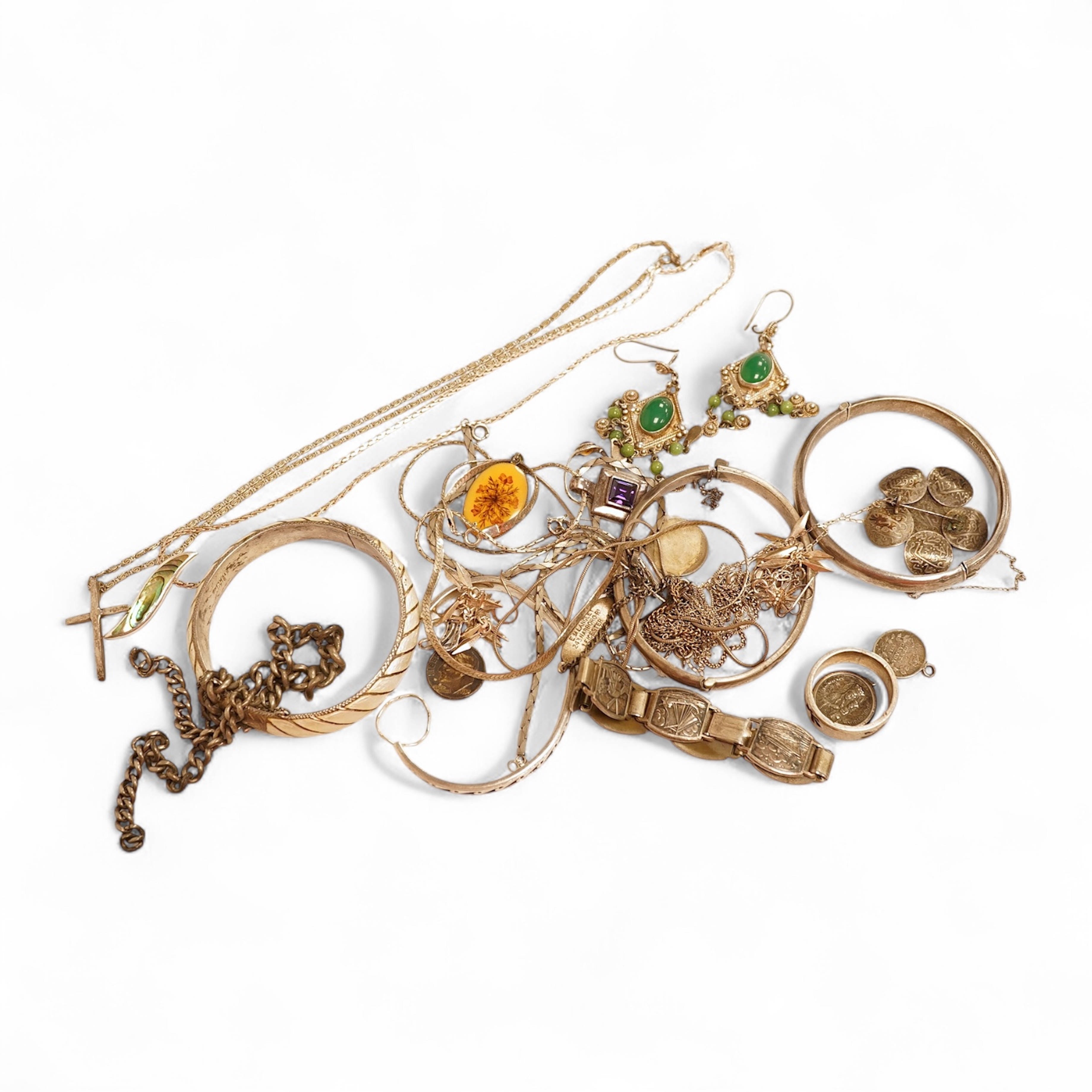 A small group of silver and white metal jewellery including Siamese enamelled bangle, silver chain, drop earrings, Persian coin brooch, etc.